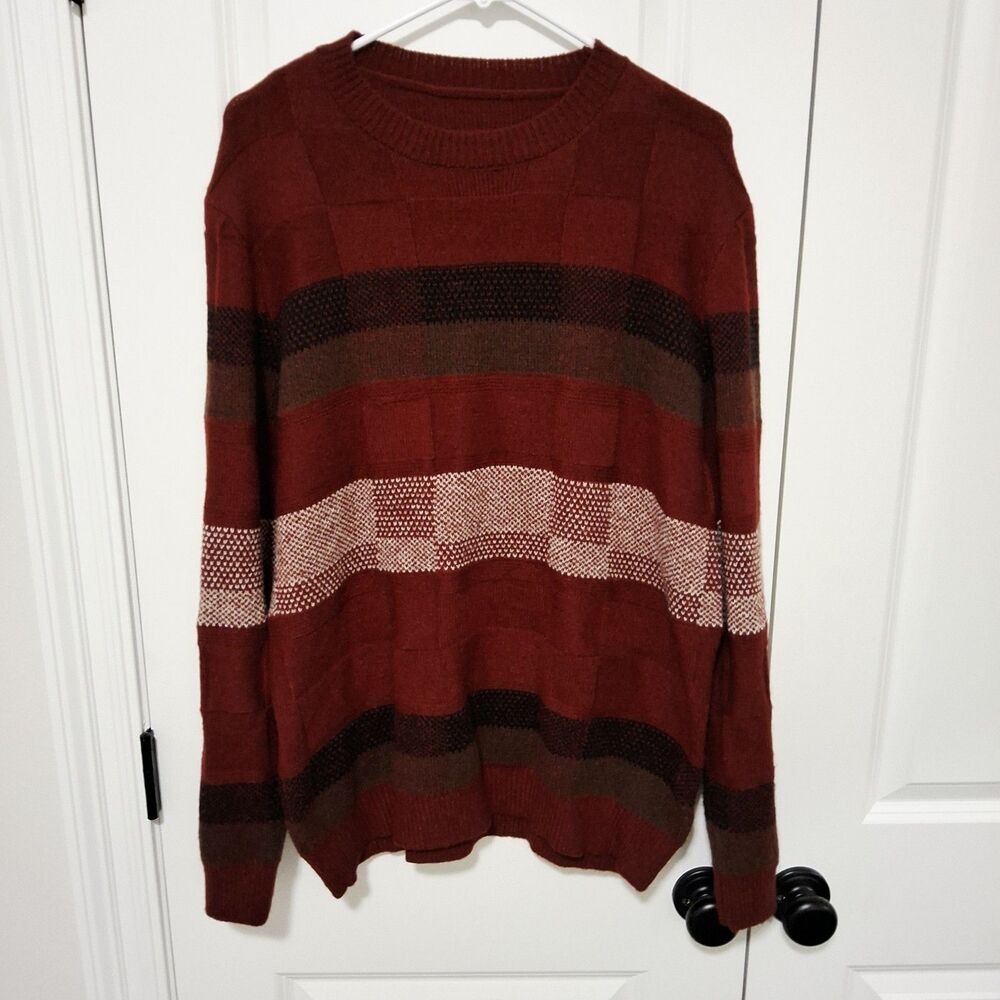 Men's Burgundy Black Beige Striped Round-neck Fall Winter Sweater Size Large